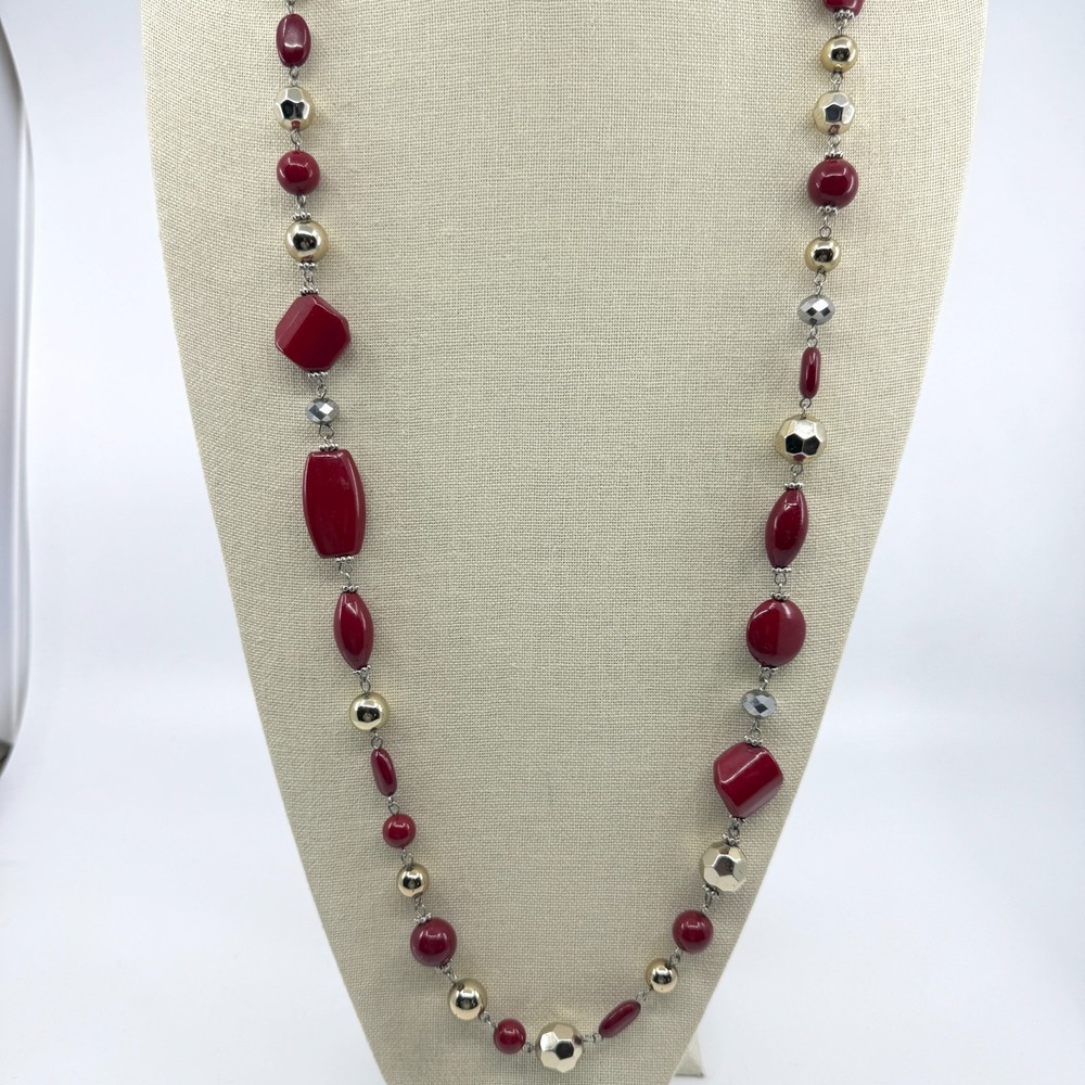 Red Beaded Statement Necklace Boho Layering Jewelry Chunky Festival Accessories